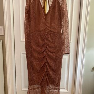 Brown lace cocktail dress with front ruching